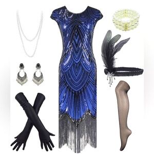 1920s Flapper Fringed Sequin Dress & Accessories Set